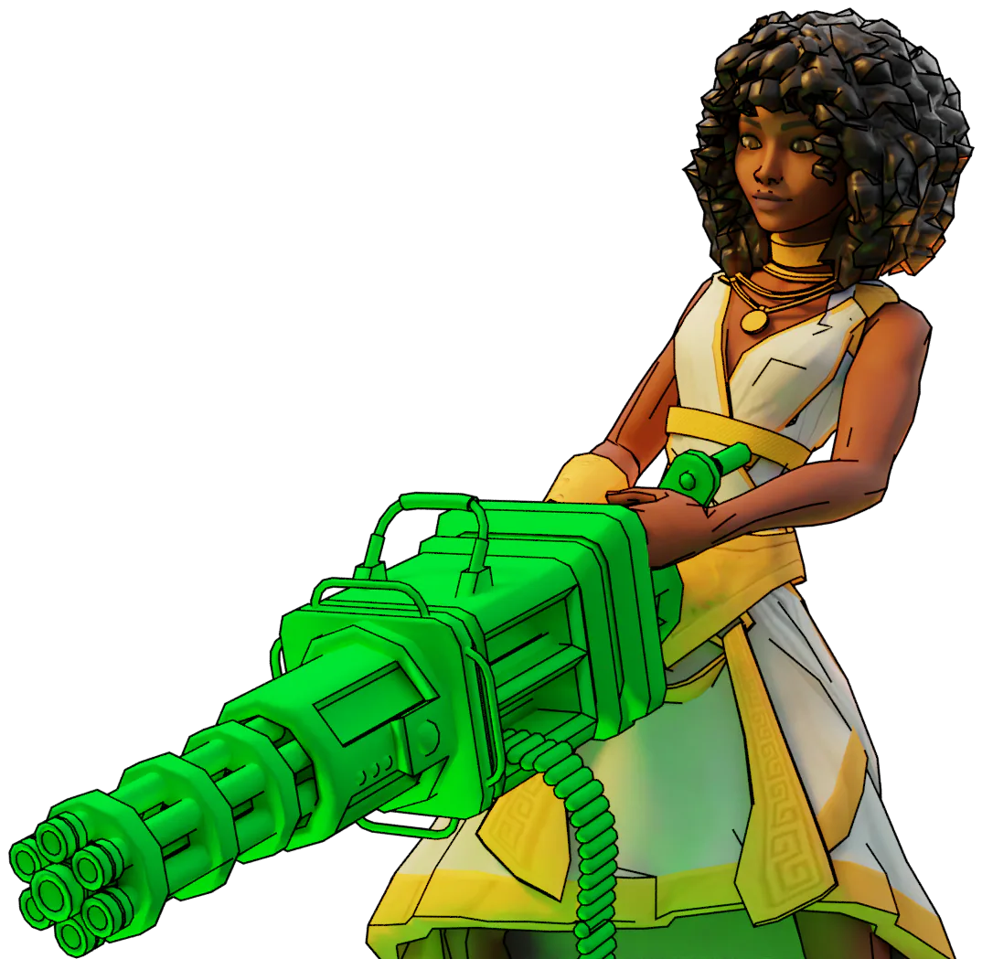 LOMI's heroine in a white Ethiopian dress with gold trim, holding a green minigun