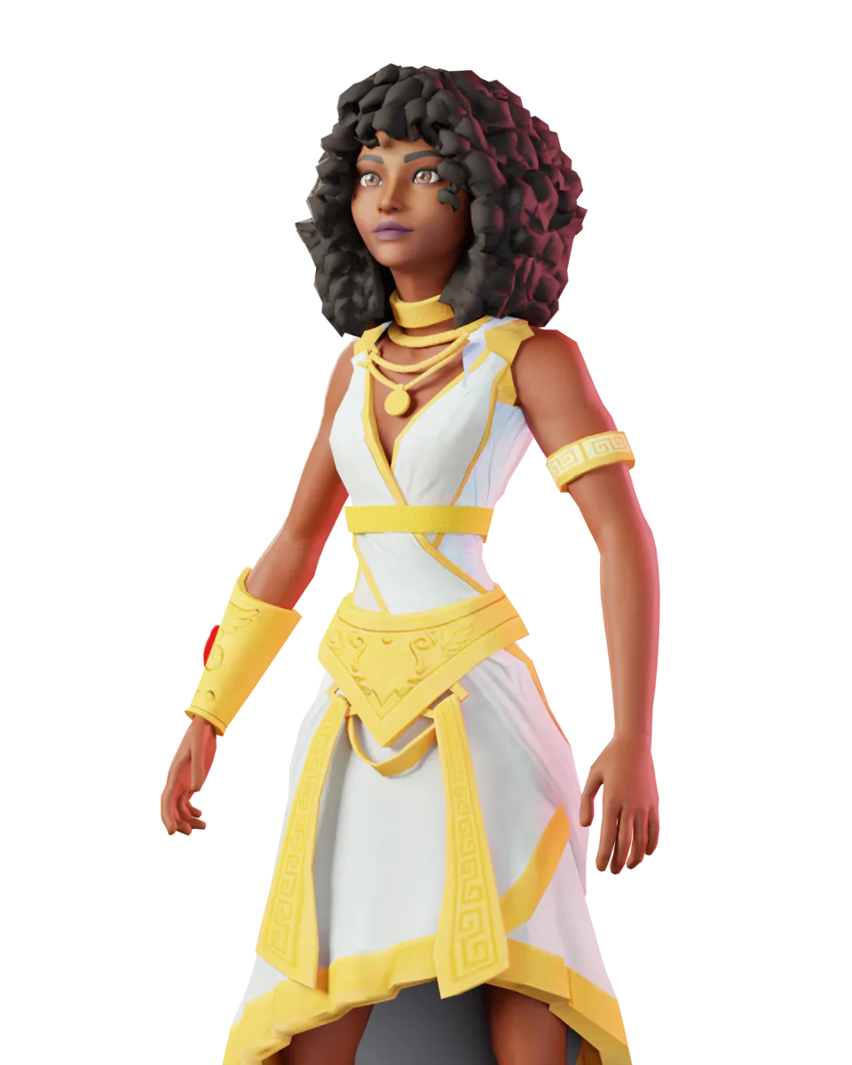 LOMI's heroine in a white Ethiopian dress with gold trim